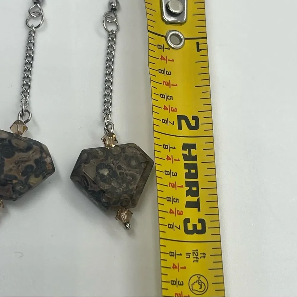 Hand Crafted Gray Brown Gemstone With Silver Chain Earrings NWT